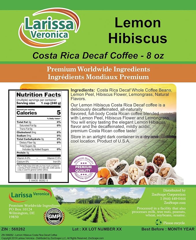 Lemon Hibiscus Costa Rica Decaf Coffee (Gourmet Naturally Flavored Whole Coffee Beans) (8 oz ZIN: 568262) - 3 Pack