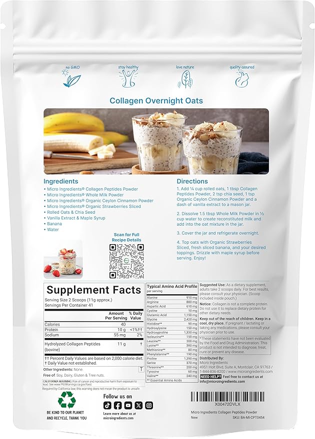 Micro Ingredients Bovine Collagen Peptides Powder 1lb | Type I &amp III + Natural Protein | Grass-Fed Bovine Source | Unflavored | Paleo Non-GMO
