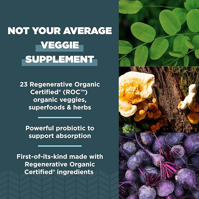 Ancient Nutrition Regenerative Organic Certified SuperVeggies Capsules Supports Gut and Immune System Health Made with Probiotics Kale Broccoli and Spinach 60 Count
