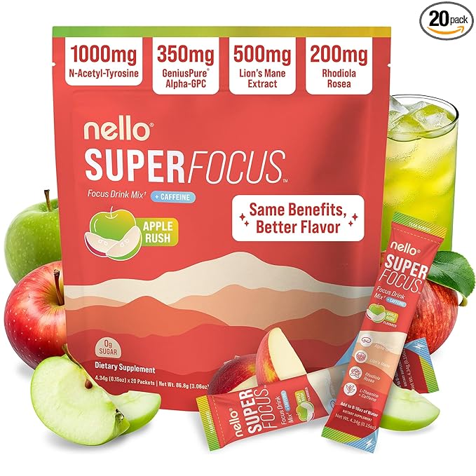 Nello Superfocus – Nootropic Focus Drink Mix for Productivity Caffeine L-Theanine Rhodiola Rosea Alpha-GPC Lion’s Mane Tyrosine Sugar-Free Packets - With Caffeine (Pack of 20) (20 Servings (Caf