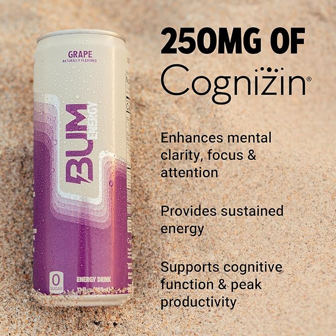 BUM Sugar-Free Energy Drink Grape - Lightly Carbonated &amp No Artificial Colors Natural Caffeine &amp Citicoline for Energy &amp Focus Brain Boost &amp Workout Sports Beverage - 12 oz Pack of