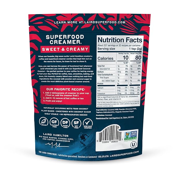 Laird Superfood Non-Dairy Superfood Creamer - Coconut Powder Coffee Creamer - Sweet &amp Creamy - Gluten Free Non-GMO Vegan - 16 oz. Bag Pack of 1