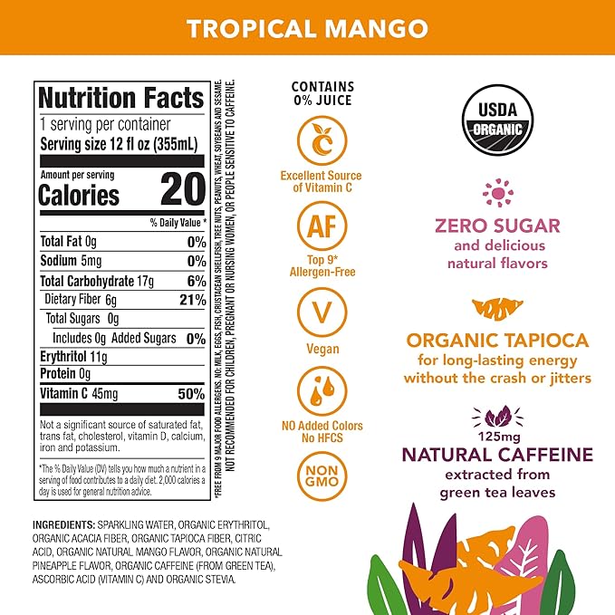 OCA ZERO Tropical Mango Organic energy drink zero sugar gluten-free vegan plant-based 12 Fl Oz (12-pack)