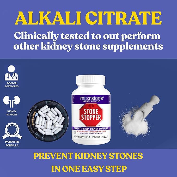 Moonstone Stone Stopper Capsules Kidney Stone Prevention Calcium Oxalate Protector Alkali Citrate Support Supplement Developed by Urologists to Support Kidney Health 30 Day Supply (120 Count)