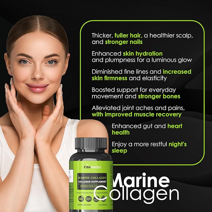 Hydrolyzed Collagen Capsules - Supplement for Hair Skin &amp Nails Joint &amp Bone Support - High Potency Non-GMO - Premium Daily Health Formula - 2000mg Marine Collagen - 120 Capsules