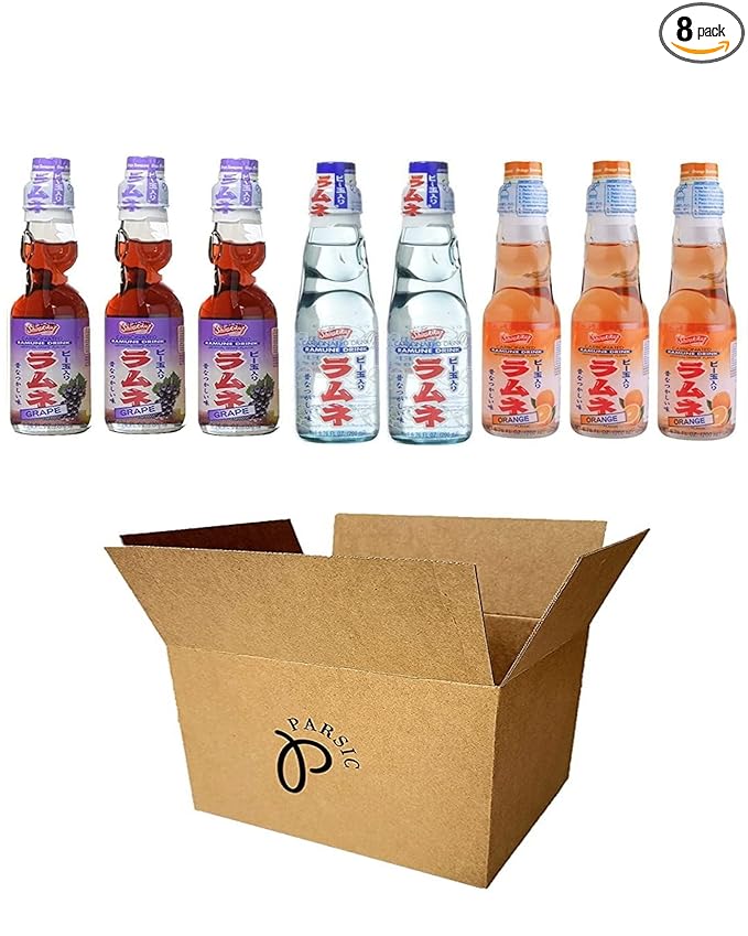 RAMUNE Japanese Soft Drink Variety 8-Pack 6.76 Fluid Ounce Each (Orange(3)-Grape(3)-Original(2))
