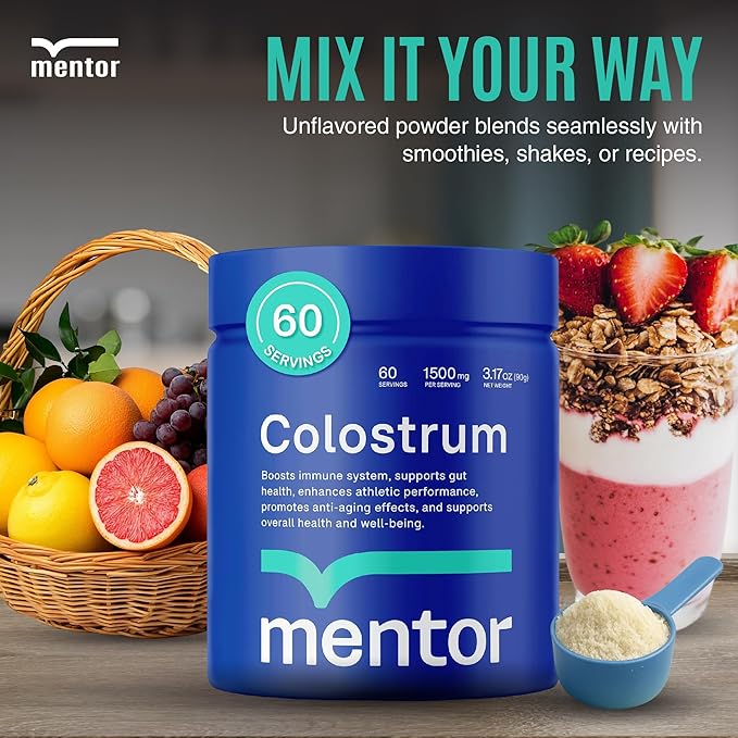 Mentor Colostrum Powder Supplement for Humans - Organic Bovine Colostrum Supplement for Gut Health Hair Growth Beauty and Immune Support - Colostrum Protein