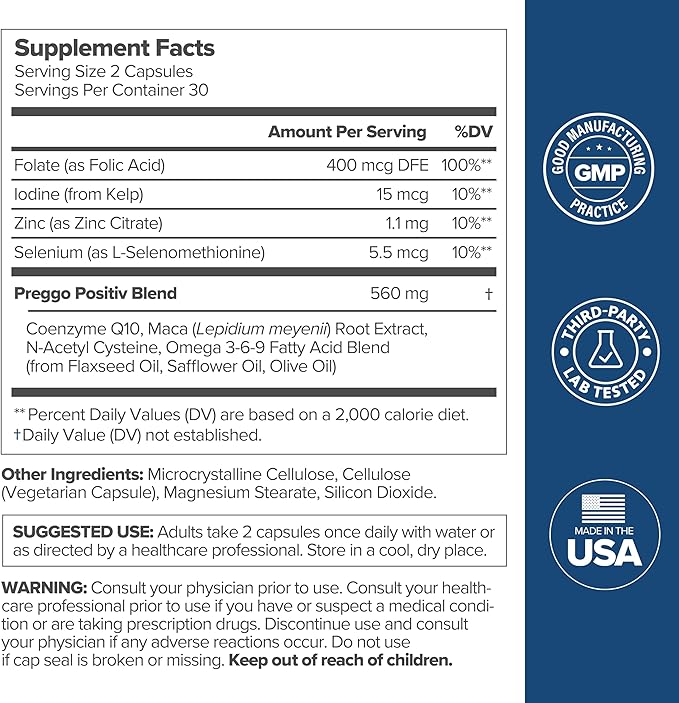O Positiv Preggo Conception Support Capsules for Women - OBGYN-Formulated Pre Prenatal Vitamins with Clinically-Studied Ingredients - CoQ10 N-Acetyl Cystein - Female Sexual Health 60 Ct (Pack of 1)