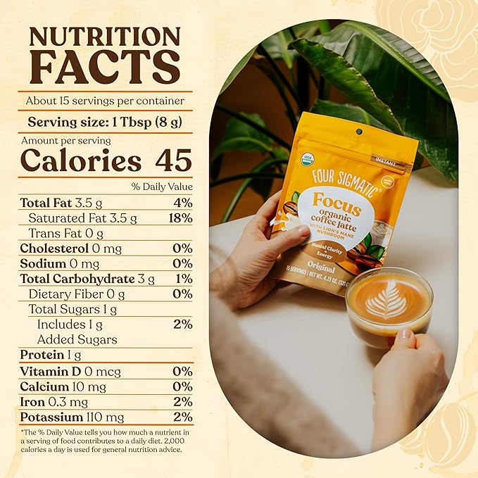Four Sigmatic Original Focus Mushroom Coffee Latte | Plant-Based Organic Instant Latte with Lion’s Mane Mushroom for Focus and Mental Clarity | Made With Just 5 Organic Ingredients | 4.23 oz Bag