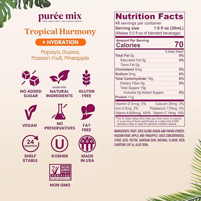 Smartfruit Tropical Harmony + Aloe – 100% Real Fruit Purée with Pineapple Passion Fruit Papaya &amp Guava – Great for Smoothies Juice Yogurt Cocktails Teas – High in Vitamin A &amp C – 2-Pk 4