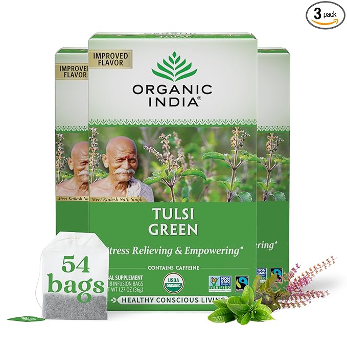 ORGANIC INDIA Tulsi Green Tea Bags - Holy Basil Tea African Basil Stress Relieving Immune Support USDA Certified Organic Premium Darjeeling Green Tea Caffeinated - 18 Infusion Bags 3 Pack