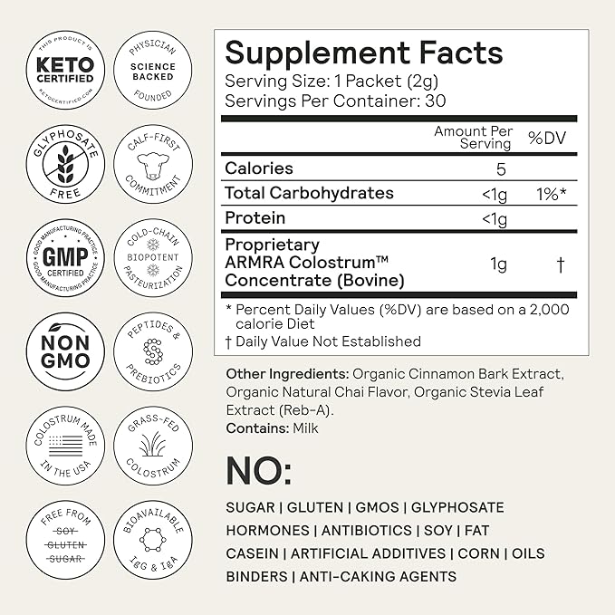 ARMRA Colostrum Powder | Arctic Chai | Gut Health &amp Bloating | Skin &amp Hair | Immunity | Keto Gluten &amp Fat-Free | 30 Servings