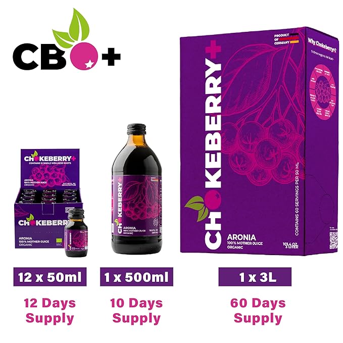 Chokeberry + Raw Aronia Juice - Rich in Antioxidant &amp 100% Organic Aronia Berry Juice Concentrate - Vegan Gluten-Free &amp No Sugar Added - First-Press Mother Juice - 12 x 50ml Shots