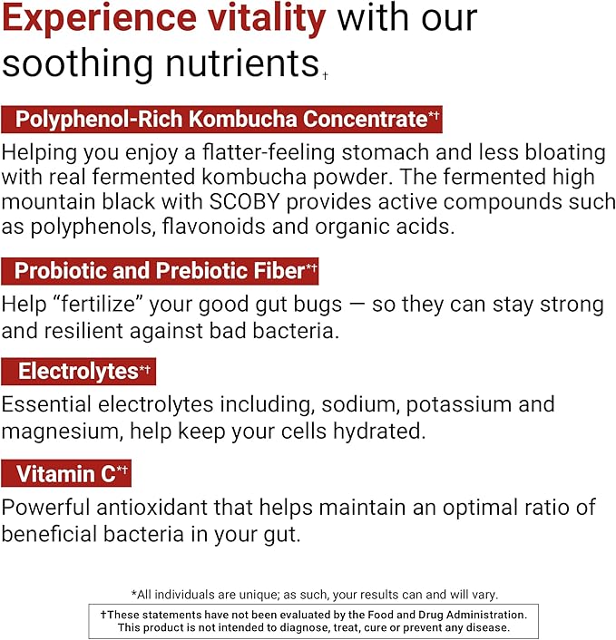 ACTIVATEDYOU Daily Digestive Tonic Kombucha - Support Healthy Digestion &amp Youthful Long-Lasting Energy- Prebiotic Fiber Probiotics Postbiotics Vitamin C Berry Lemonade Flavor (30 Servings)