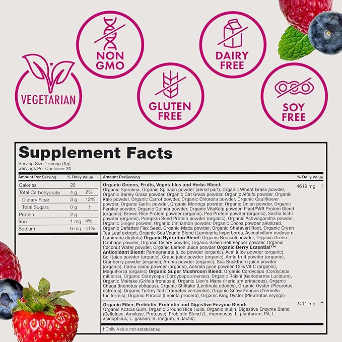 Zena Nutrition Liquid Collagen Peptides and Biotin Mixed Berry 20.3 Fl Oz + Organic Supergreens Greens Powder 70+ Superfoods Mixed Berry 30 Servings