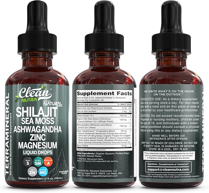 Clean Nutraceuticals Shilajit Liquid Drops with Sea Moss Ashwagandha Zinc Magnesium Liquid Vitamins for Women and Men - Terra Mineral