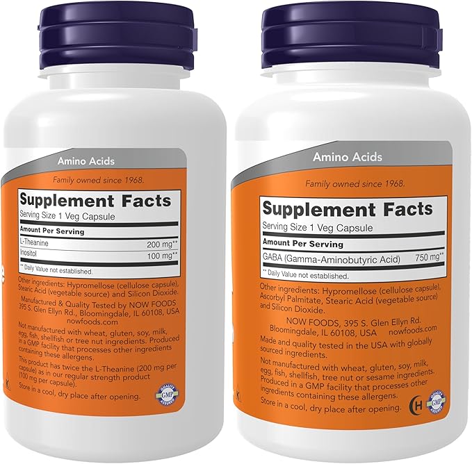 NOW Foods Supplements L-Theanine 200 mg with Inositol Stress Management* 120 Veg Capsules with Now Supplements GABA (Gamma-Aminobutyric Acid) 750mg 100 Veg Capsules