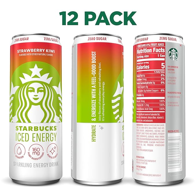 Starbucks Iced Energy Strawberry Kiwi Zero Sugar Energy Drink Plant Based Caffeine Hydration Mental Clarity 12 Fl Oz Cans (Pack of 12)