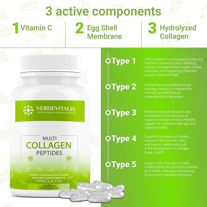 Multi Collagen Peptides Capsules -Non-GMO&ampGluten Free Type I II III V X Hydrolyzed Collagen Supplements with Vitamin C - Supports Healthy Hair Skin Nails &amp Joints - 120 CPS
