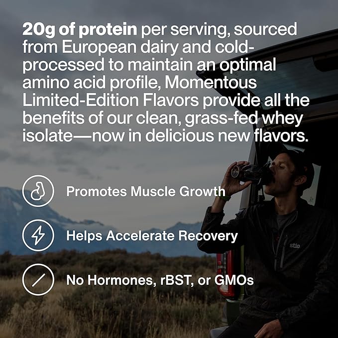 Momentous Essential Grass-Fed Whey Protein Powder - 20 g Whey Isolate Protein - NSF Certified for Sport - Gluten-Free - 12 Servings for Essential Everyday Use - Pure Cinnamon - Package May Vary