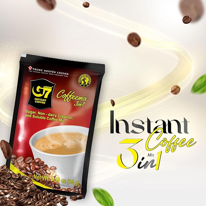 Trung Nguyen G7 Instant Coffee - 3-in-1 Roasted Ground Blend with Creamer &amp Sugar Vietnamese Coffee (50 Sachets)