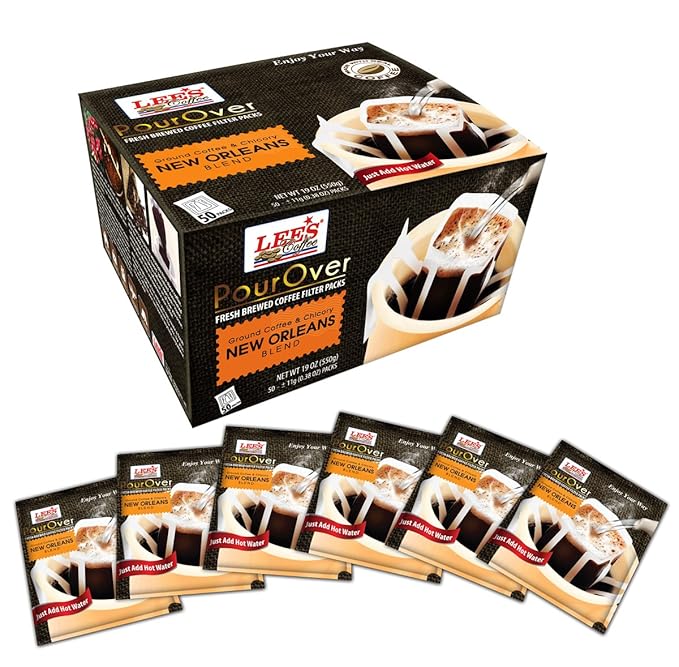 Lee's Coffee Pourover Fresh Ground Filter Packs New Orleans Style 50 Count