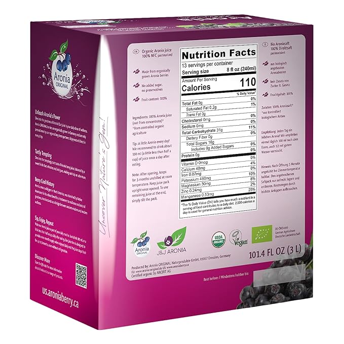Aronia Original Organic Aronia Berry Juice Box 101.4 Fl Oz - 100% Pure Chokeberry Juice Not from Concentrate - No Additives Vegan &amp Non-GMO