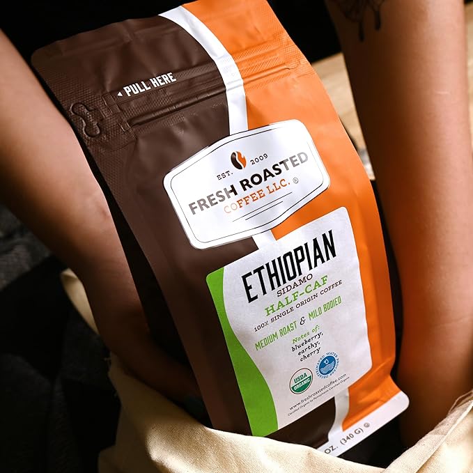 Fresh Roasted Coffee Organic Ethiopian Sidamo Water-Processed Half-Caf | USDA Organic 100% Single Origin Kosher | Medium Roast 12 oz Whole Bean