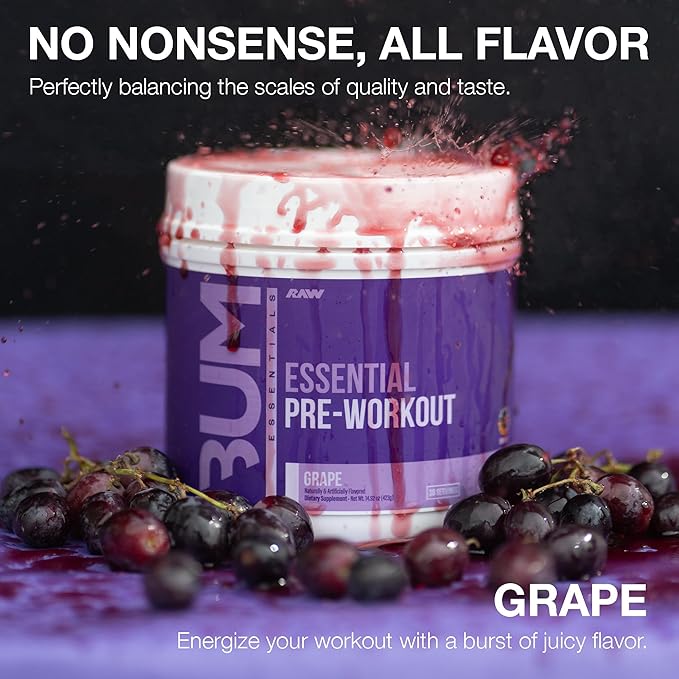 RAW Essential Pre-Workout Powder (Grape) - Chris Bumstead Sports Nutrition Supplement for Men &amp Women - Preworkout Energy Powder with Caffeine L-Citrulline L-Tyrosine &amp Beta Alanine Blend