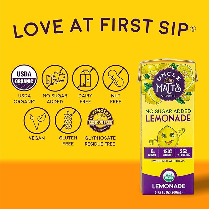 Uncle Matt’s Organic Juice Boxes – 32 Pack No Sugar Added Lemonade USDA Organic Only 10 Calories with Vitamin C D &amp Zinc Kid-Friendly Juice Drinks
