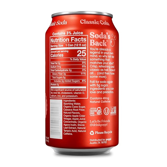 Poppi Sparkling Prebiotic Soda Beverage with Apple Cider Vinegar Seltzer Water and Fruit Juice Classic Cola Flavor 12 oz Pack of 12 Packaging May Vary