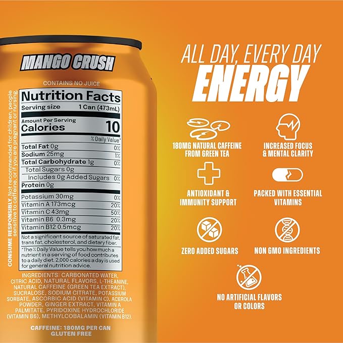 LICK Energy Drink - Zero Sugar No Crash Green Tea Caffeine (180mg) with Antioxidants and Vitamins A B6 B12 and C 16oz (12pk) - Mango Crush