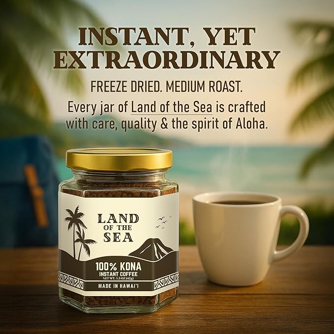 KONA COFFEE 100% - Premium Freeze Dried Instant Coffee - Low Acid Coffee - Medium Roast Arabica Hawaiian Coffee 1.5oz (1 Pack | 22 Servings)