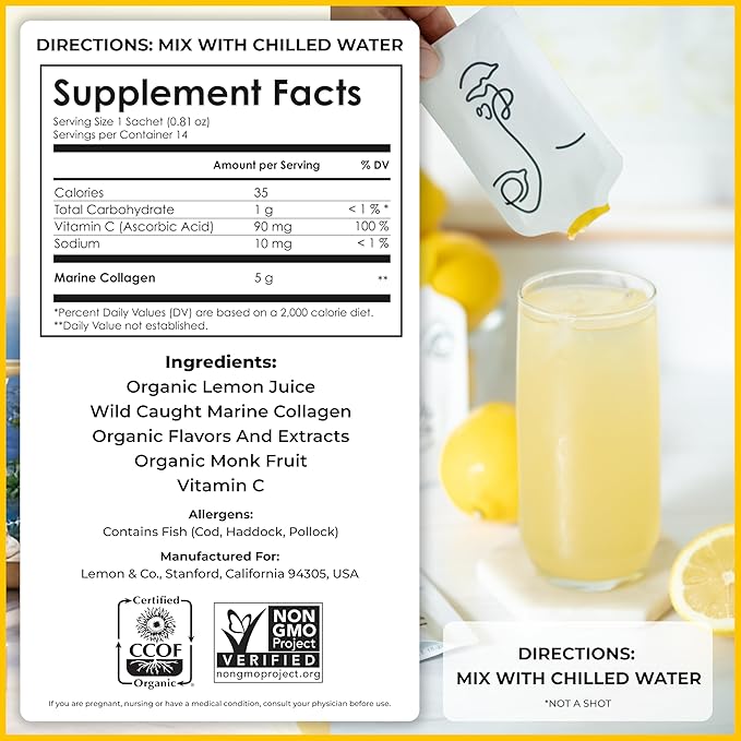LEMON &amp CO. 12-Week Starter Kit Bundle – Liquid Collagen for Women + Insulated Bottle - 5000mg Marine Collagen Peptides for Skin Nails Hair &amp Gut Health | Organic Lemons Vitamin C No Prese