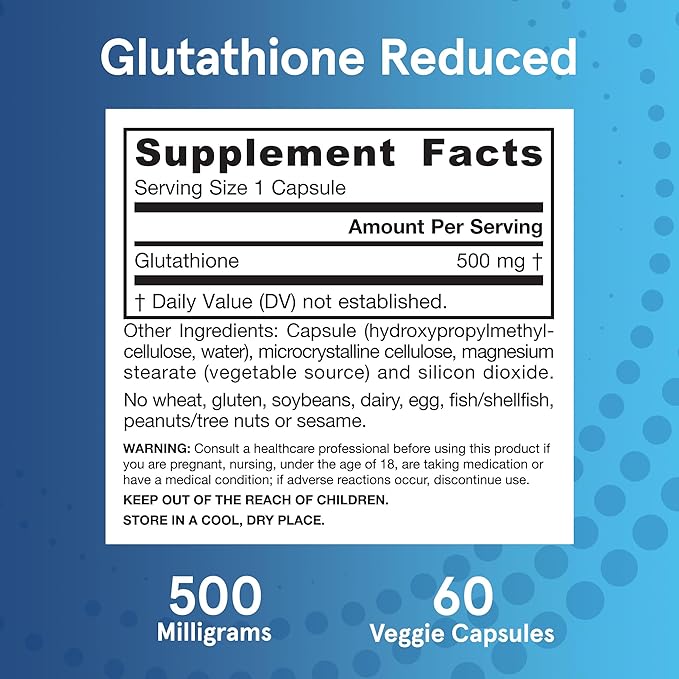 Jarrow Formulas Glutathione Reduced 500 mg - 60 Veggie Capsules - Intracellular Antioxidant - Quality Glutathione Supplements - Supports Recycling of Vitamins C &amp E - Non-GMO - Gluten Free - Vegan