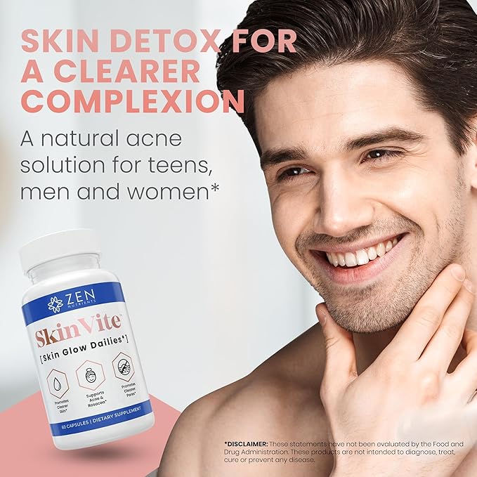 Zen Nutrients SkinVite Natural Skin Supplement for Women Men &amp Teens - Hormonal Breakouts &amp Clear Skin Support Supplement - Detoxifying Vitamin for Acne and Digestion Support