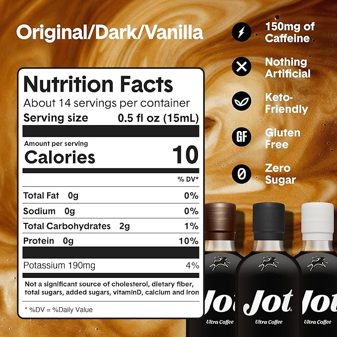 Jot Coffee Concentrate (Variety 3pk) High Caffeine Cold Brew Coffee Concentrate Liquid for Iced Coffees Instant Espresso Hot or Cold Instant Coffees - Makes 14 Cups 150mg Caffeine/Tbsp No Sugar
