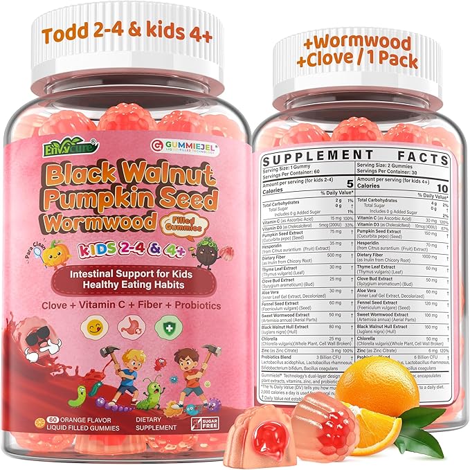 Toddler 2-4 &amp Kids 4+ Para Clean Gut Health Gummies w/Black Walnut Wormwood Clove Pumpkin Seeds Vitamin C D3 Zinc Digestive Supplement for Natural Gut Cleanse Kids Immune Support (60cts)