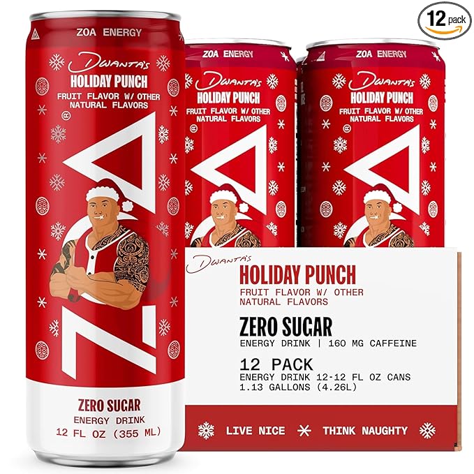 ZOA Zero Sugar Energy Drinks Dwanta's Holiday Punch - Sugar Free with Electrolytes Healthy Vitamin C Amino Acids Essential B-Vitamins and Caffeine from Green Tea - 12 Fl Oz (12-Pack)