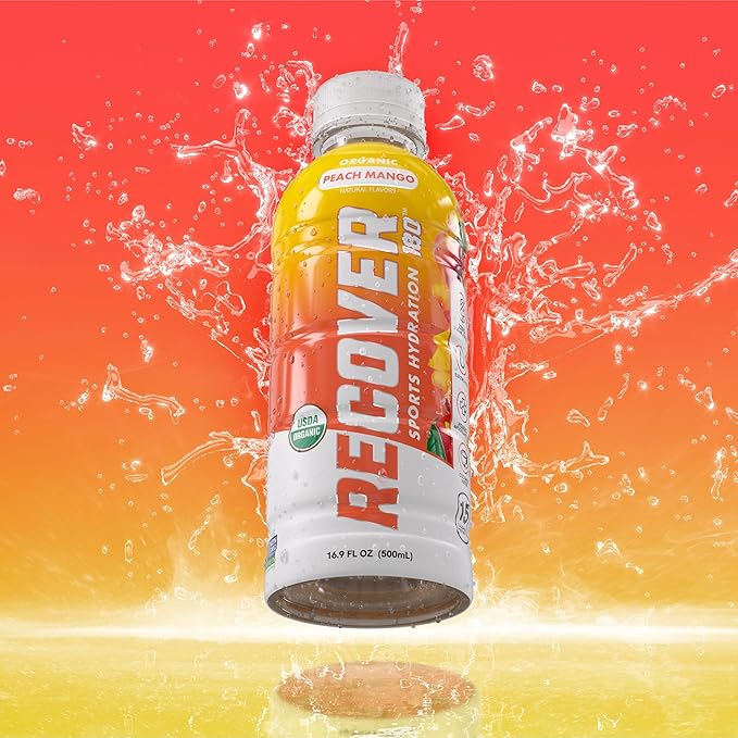 RECOVER 180 Organic Sports Hydration Drink No Sugar Added 20 Calorie Sports Beverage Organic Flavors With Vitamins Potassium-Packed Electrolytes (16.9 Fl Oz (Pack of 12) Peach Mango)