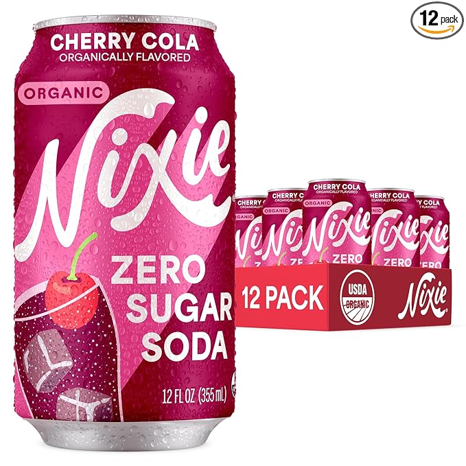 Nixie Organic Zero Sugar Soda NEW Cherry Cola Healthy Soda Pop Non-GMO 0 Sugar 0 Calories 40mg Caffeine 12oz Cans (12 Pack)