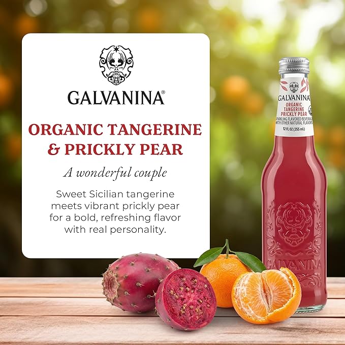Galvanina Tangerine &amp Prickly Pear – Premium Organic Italian Sparkling Soda 12 fl oz (6 Glass Bottles) | Vibrant Tangerine with Subtle Cactus Sweetness Crafted for Cocktails &amp Refreshing Mom