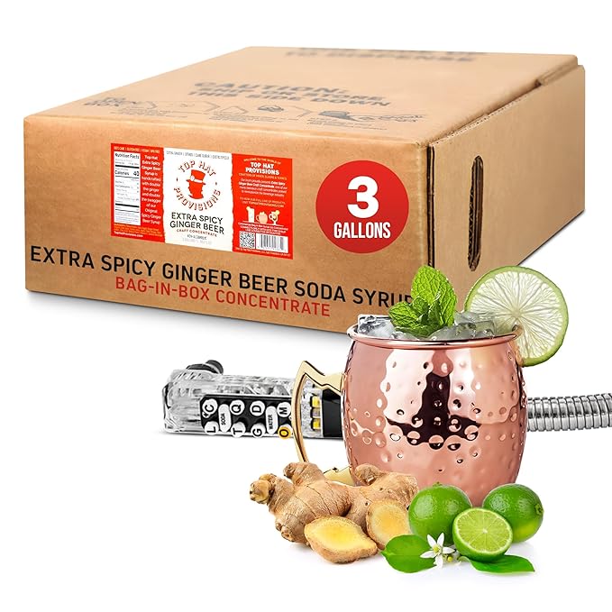 Top Hat Extra Spicy Ginger Beer Soda Syrup - 3 gallon BIB Cocktail mix - Bag in Box Concentrate for Commercial Soda Gun and Fountain Systems - QCD connection Required (adaptors available)