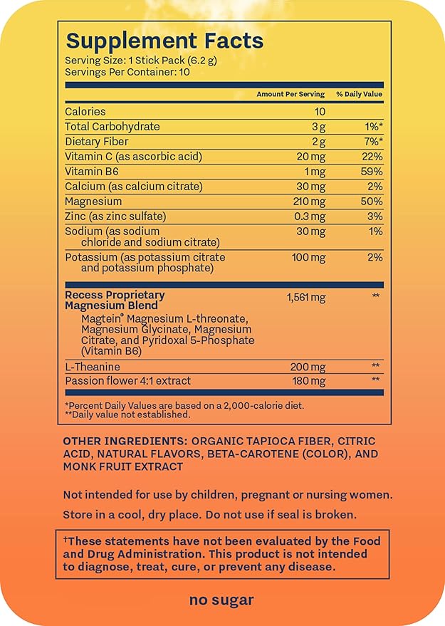 Recess Mood Powder Magnesium L-Threonate Blend with Passion Flower L-Theanine Electrolytes Magnesium Calm Support Powder Supplement - Lemon Citrus Pack of 10