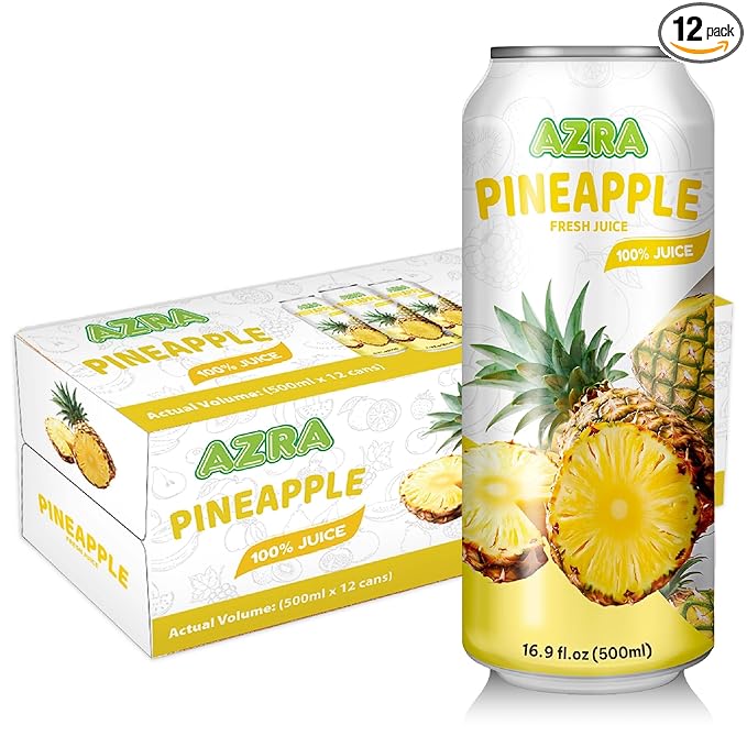 AZRA 100% Pineapple Juice – Fresh Organic Pineapple Taste in 500ml Cans – Zero Sugar Drinks Healthy Beverages Variety Pack for Kids and Adults – Bulk 100% Juice 12 Pack