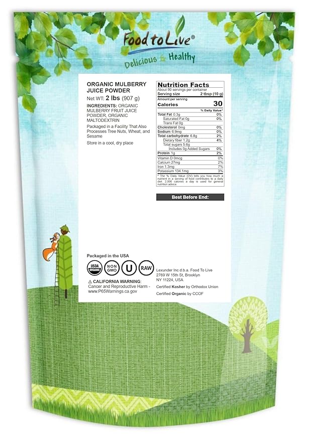 Food to Live Organic Mulberry Juice Powder 2 Pounds - Non-GMO Made from Raw Dried Berries Unsulfured Vegan Bulk Great for Baking Juices Smoothies Yogurts Contains Maltodextrin No Sulphites