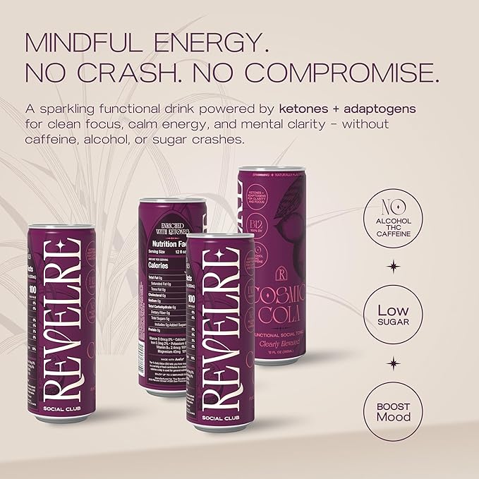 Revelre Functional Social Tonic with Ketones and Adaptogens - Mindful Blend for Focus and Calm - Ketones Magnesium B12 Reishi &amp Cordyceps Mushrooms - Non Alcoholic - Cosmic Cola 12 oz (12 Pac