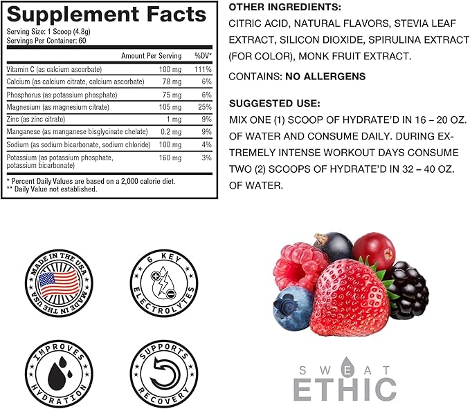 Sweat Ethic Hydrate’D Electrolytes Electrolyte Powder with Potassium Magnesium &amp Vitamin C Easy Mix Powder for Hydration &amp Performance Support Natural Ingredients Mixed Berry Flavor 60 Se