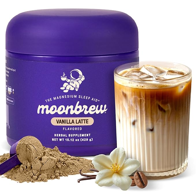MoonBrew Nighttime Magnesium Vanilla Latte Mix Natural Sleep Aid Drink Mix for Adults - Calming Melatonin-Free Sleep Support Powder with Magnesium Glycinate L-Theanine Chamomile &amp Zinc