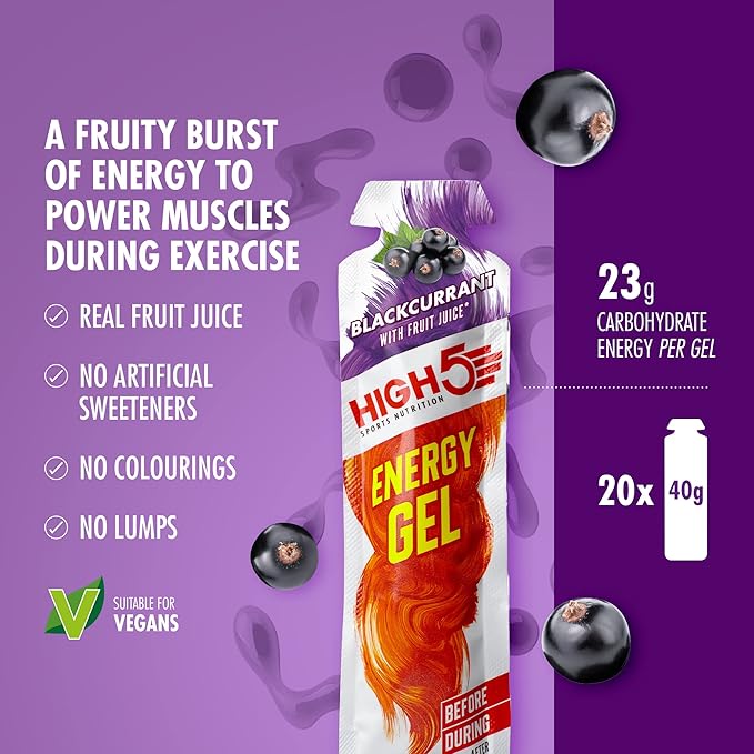 HIGH5 Energy Gels - Quick Release Sports Gels to Power Muscles for Top Performance - Natural Fruit Juice &amp Caffeine-Free - On The Go Energy Boost for Running Cycling and More (Blackcurrant 20 x